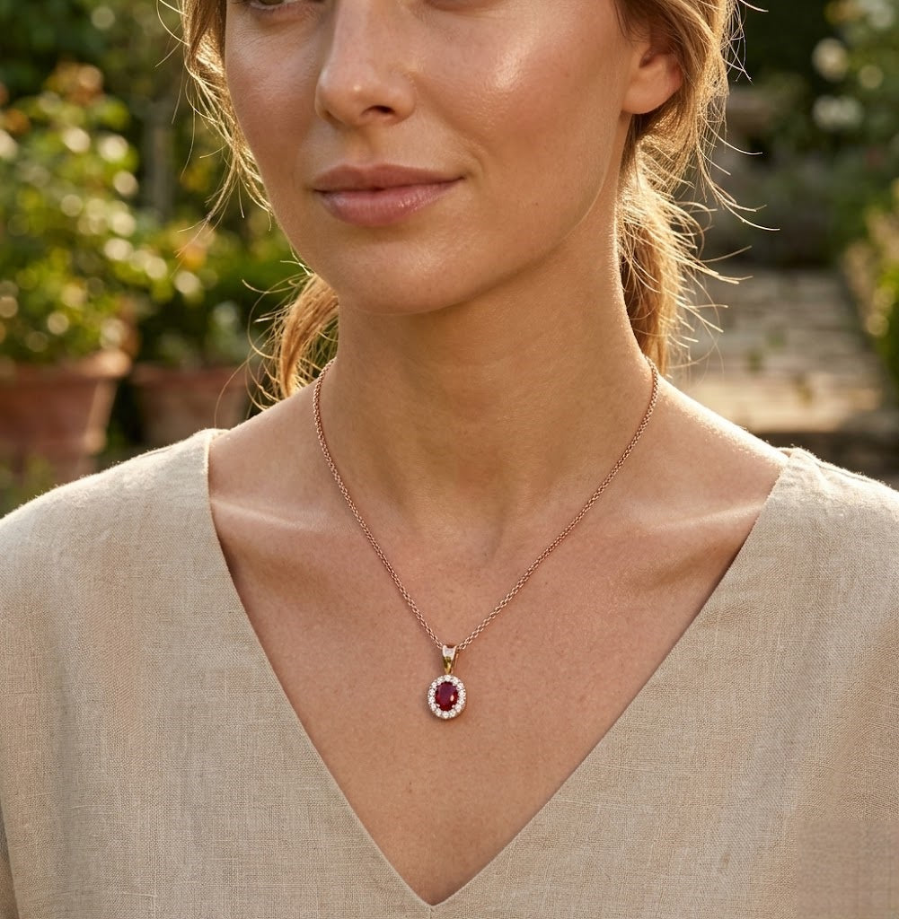Oval Ruby Diamond Halo Pendant Necklace in Gold (Without Chain) in 10K/14K gold and platinum with certified lab-grown or natural diamonds