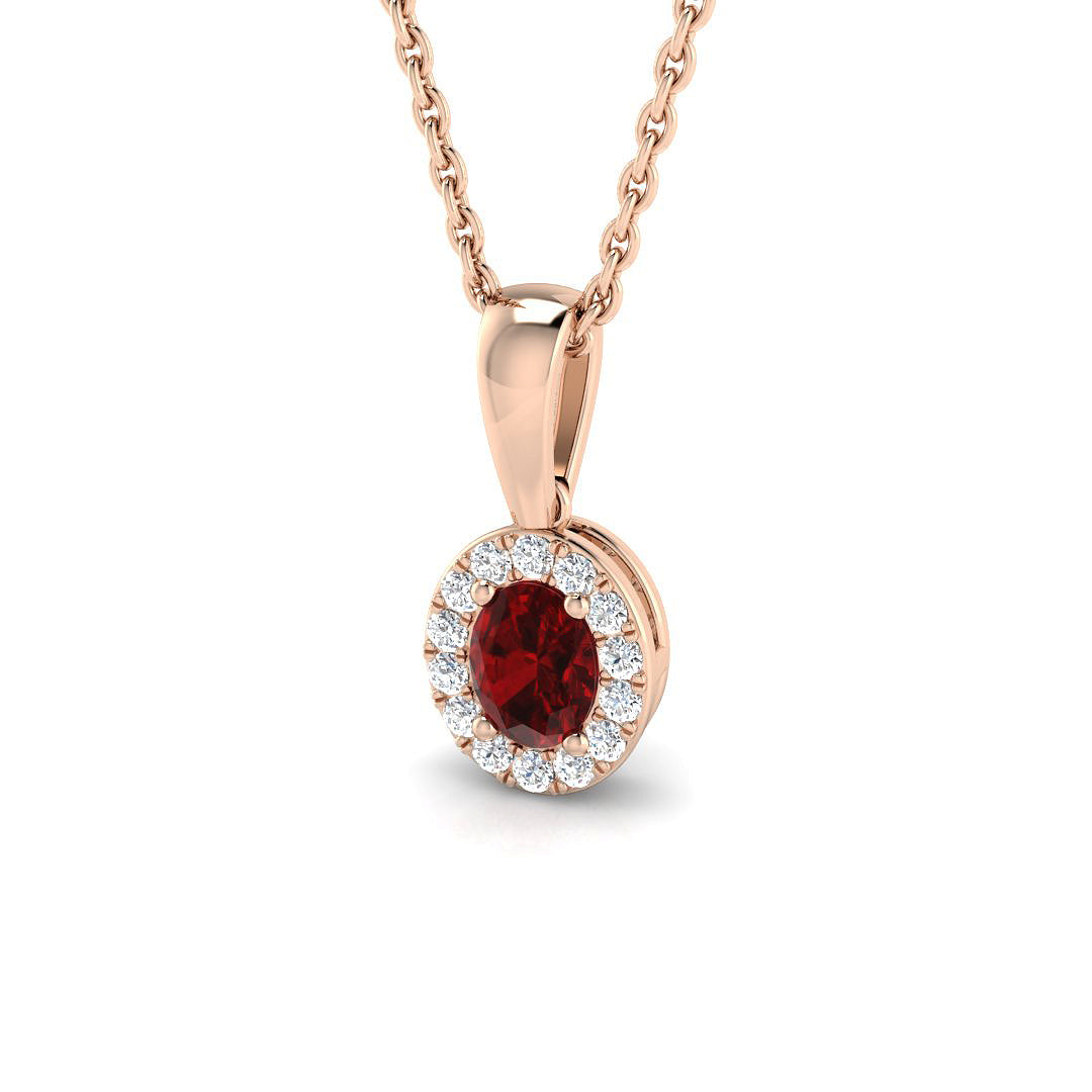 Oval Ruby Diamond Halo Pendant Necklace in Gold (Without Chain) in 10K/14K gold and platinum with certified lab-grown or natural diamonds