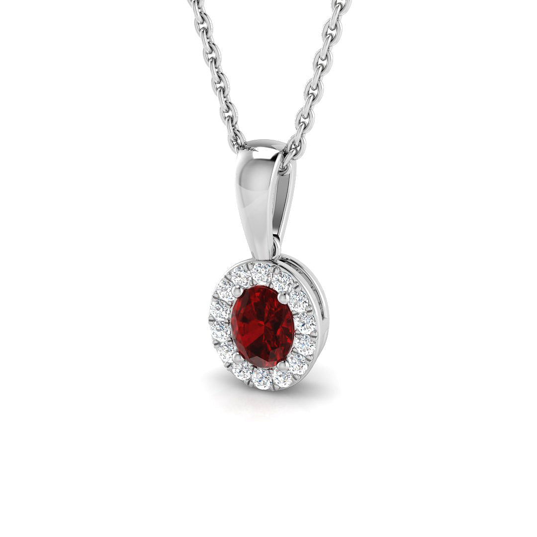 Oval Ruby Diamond Halo Pendant Necklace in Gold (Without Chain) in 10K/14K gold and platinum with certified lab-grown or natural diamonds