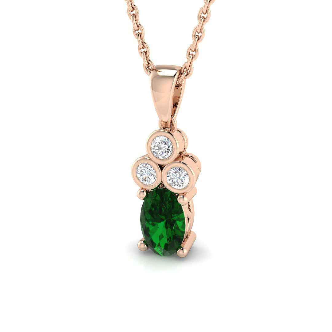 Oval Emerald Pendant Necklace with Diamond Trilogy Accent - Prong Set in 10K/14K gold and platinum with certified lab-grown or natural diamonds