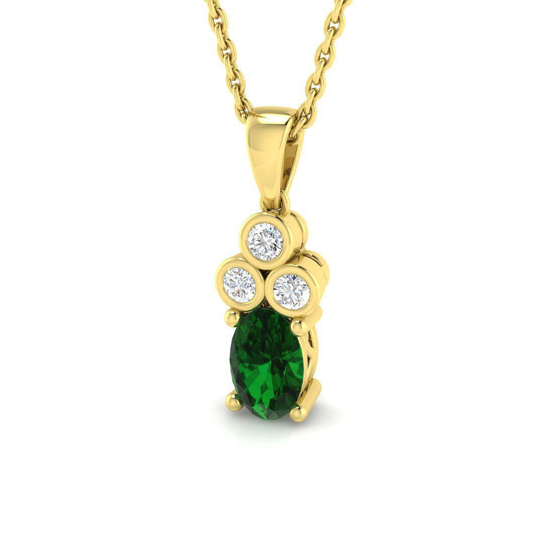 Oval Emerald Pendant Necklace with Diamond Trilogy Accent - Prong Set in 10K/14K gold and platinum with certified lab-grown or natural diamonds