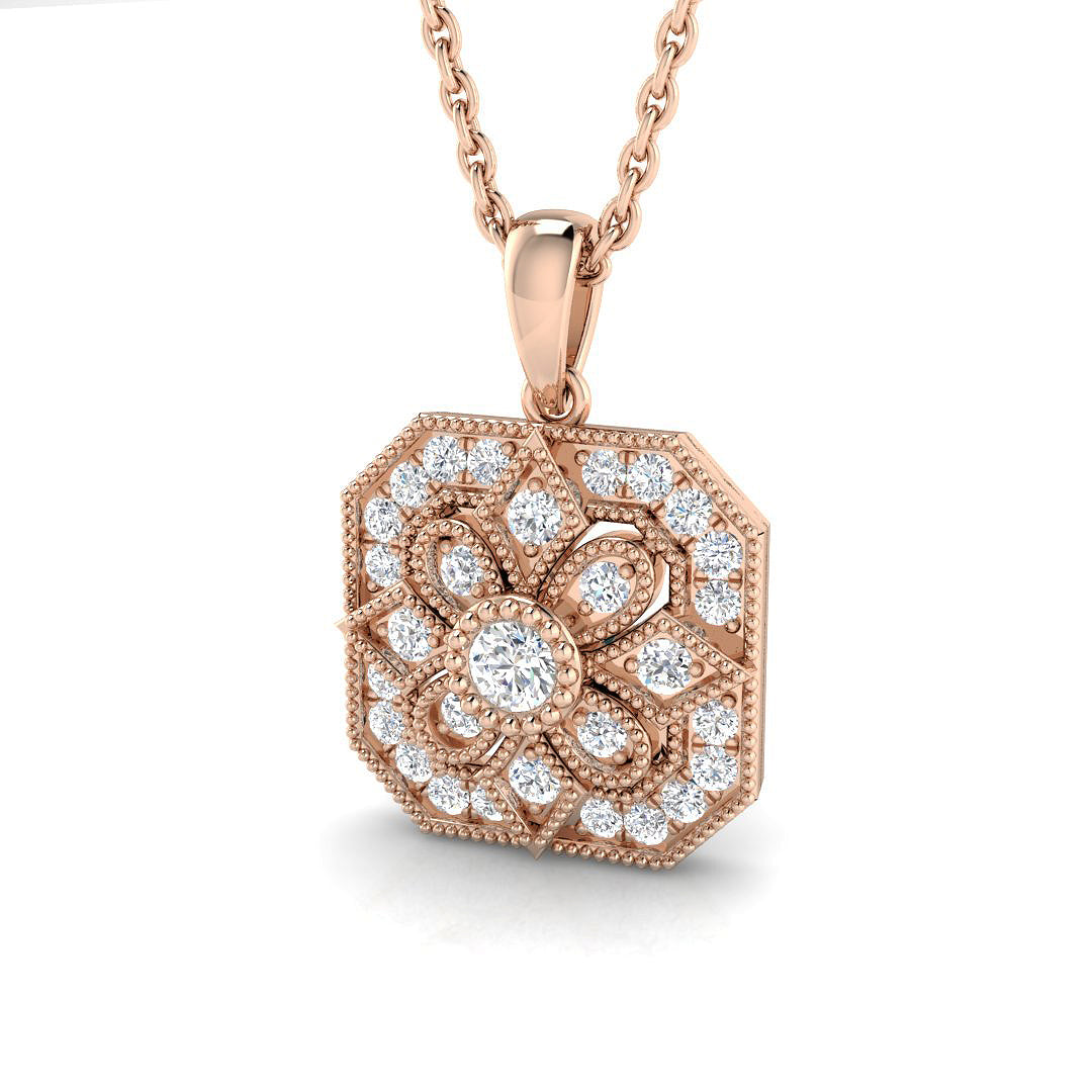 Floral Octagon Diamond Pendant Necklace in Vintage Style Without Chain in 10K/14K gold and platinum with certified lab-grown or natural diamonds