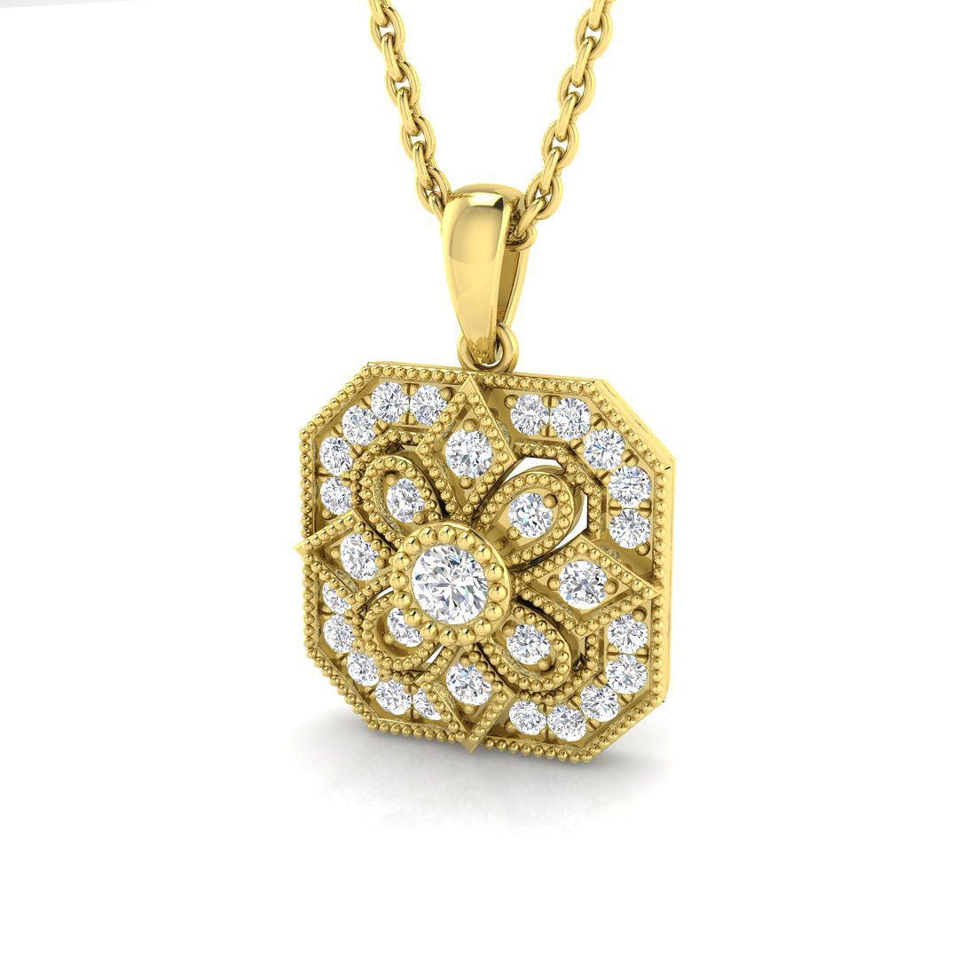 Floral Octagon Diamond Pendant Necklace in Vintage Style Without Chain in 10K/14K gold and platinum with certified lab-grown or natural diamonds