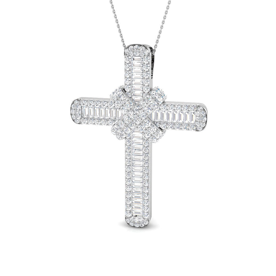 Baguette & Round 7Ct Diamond Cross Pendant in Gold or in 10K/14K gold and platinum with certified lab-grown or natural diamonds