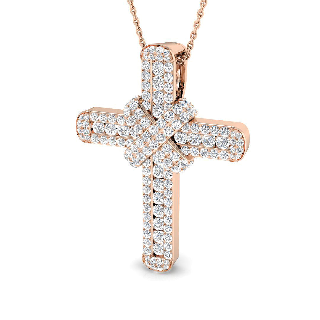 Round Diamond Cross Pendant with Silver Chain in 10K/14K gold and platinum with certified lab-grown or natural diamonds