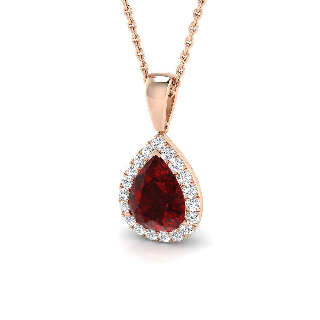 Teardrop Ruby Halo Pendant in in 10K/14K gold and platinum with certified lab-grown or natural diamonds