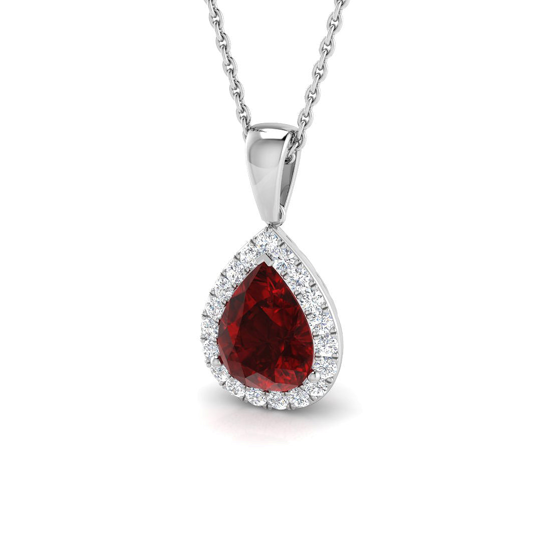 Teardrop Ruby Halo Pendant in in 10K/14K gold and platinum with certified lab-grown or natural diamonds