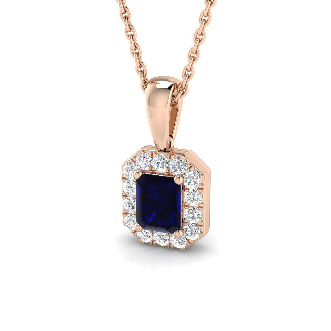 Emerald Blue Sapphire Pendant Necklace with Diamond Halo - Prong Pave Set in 10K/14K gold and platinum with certified lab-grown or natural diamonds