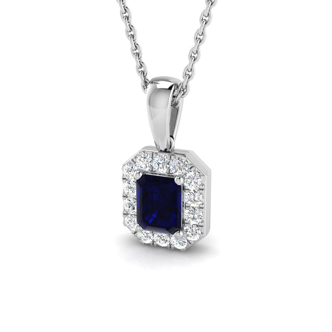 Emerald Blue Sapphire Pendant Necklace with Diamond Halo - Prong Pave Set in 10K/14K gold and platinum with certified lab-grown or natural diamonds