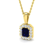 Emerald Blue Sapphire Pendant Necklace with Diamond Halo - Prong Pave Set in 10K/14K gold and platinum with certified lab-grown or natural diamonds