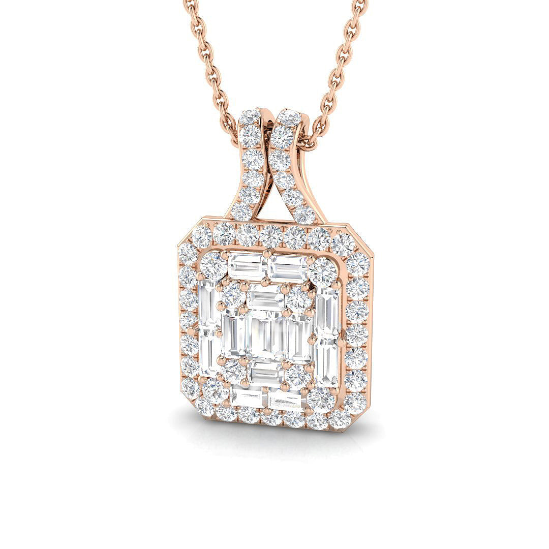 Baguette Round Diamond Pendant Necklace in 10K/14K gold and platinum with certified lab-grown or natural diamonds