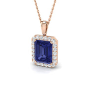 Emerald Cut Tanzanite Halo Pendant in - Gemstone Halo Design in 10K/14K gold and platinum with certified lab-grown or natural diamonds