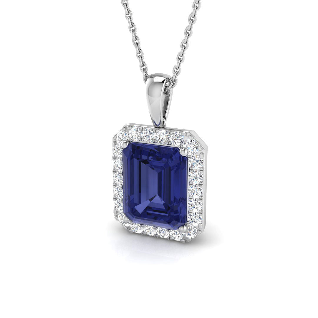 Emerald Cut Tanzanite Halo Pendant in - Gemstone Halo Design in 10K/14K gold and platinum with certified lab-grown or natural diamonds