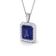 Emerald Cut Tanzanite Halo Pendant in - Gemstone Halo Design in 10K/14K gold and platinum with certified lab-grown or natural diamonds
