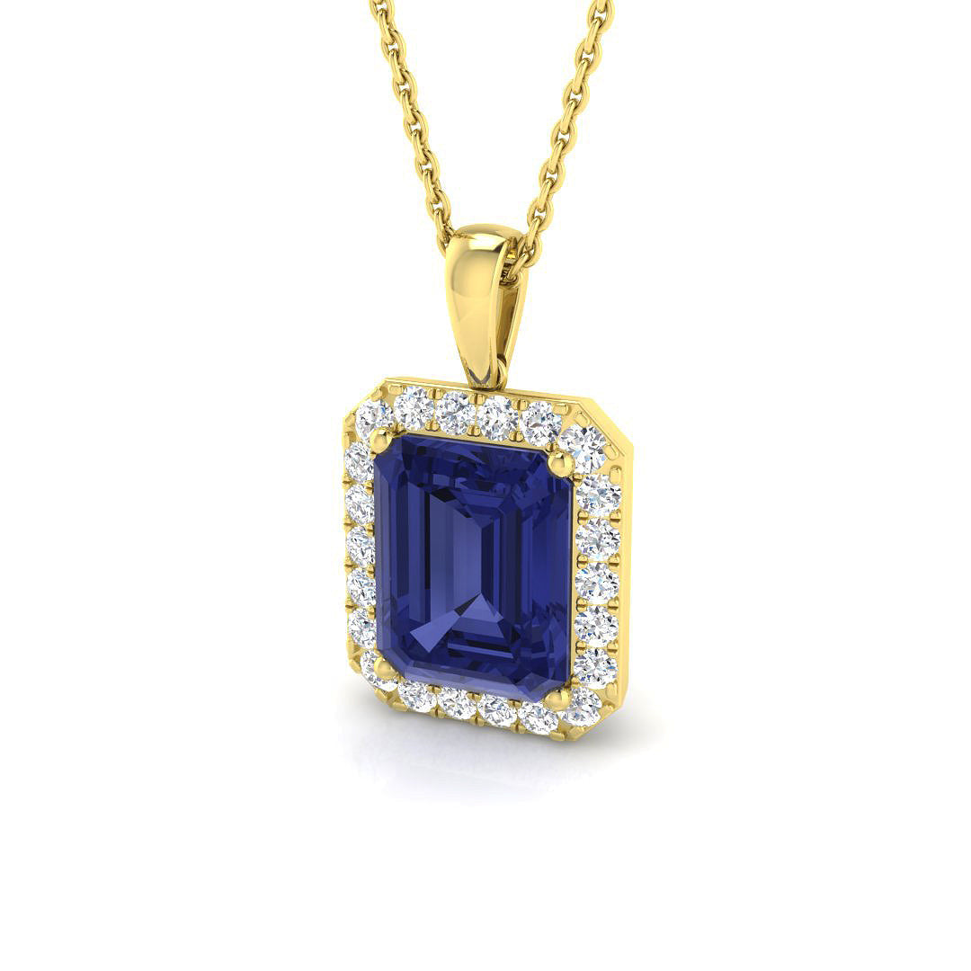 Emerald Cut Tanzanite Halo Pendant in - Gemstone Halo Design in 10K/14K gold and platinum with certified lab-grown or natural diamonds