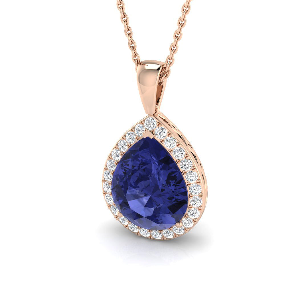 Pear Cut Tanzanite Halo Pendant in 10K/14K gold and platinum with certified lab-grown or natural diamonds