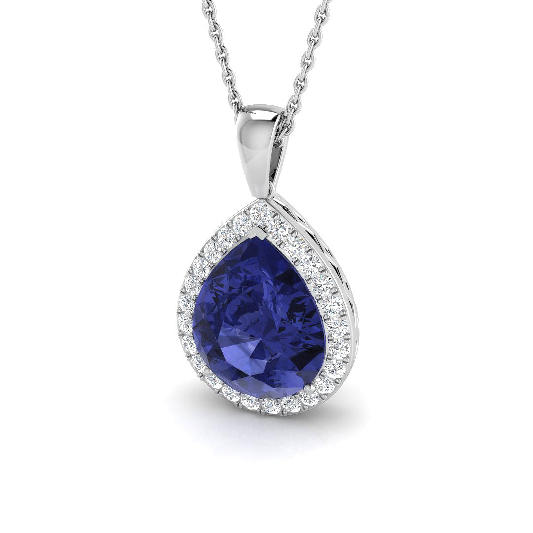 Pear Cut Tanzanite Halo Pendant in 10K/14K gold and platinum with certified lab-grown or natural diamonds
