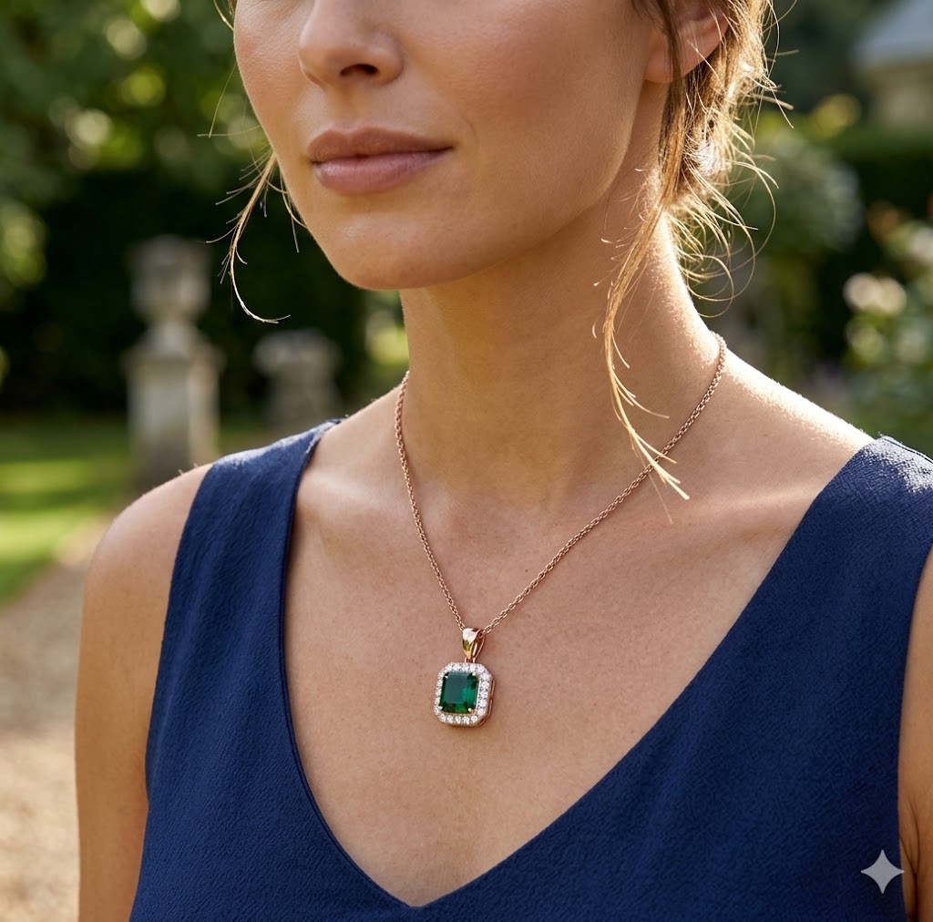 Emerald Diamond Pendant UK in 10K/14K gold and platinum with certified lab-grown or natural diamonds