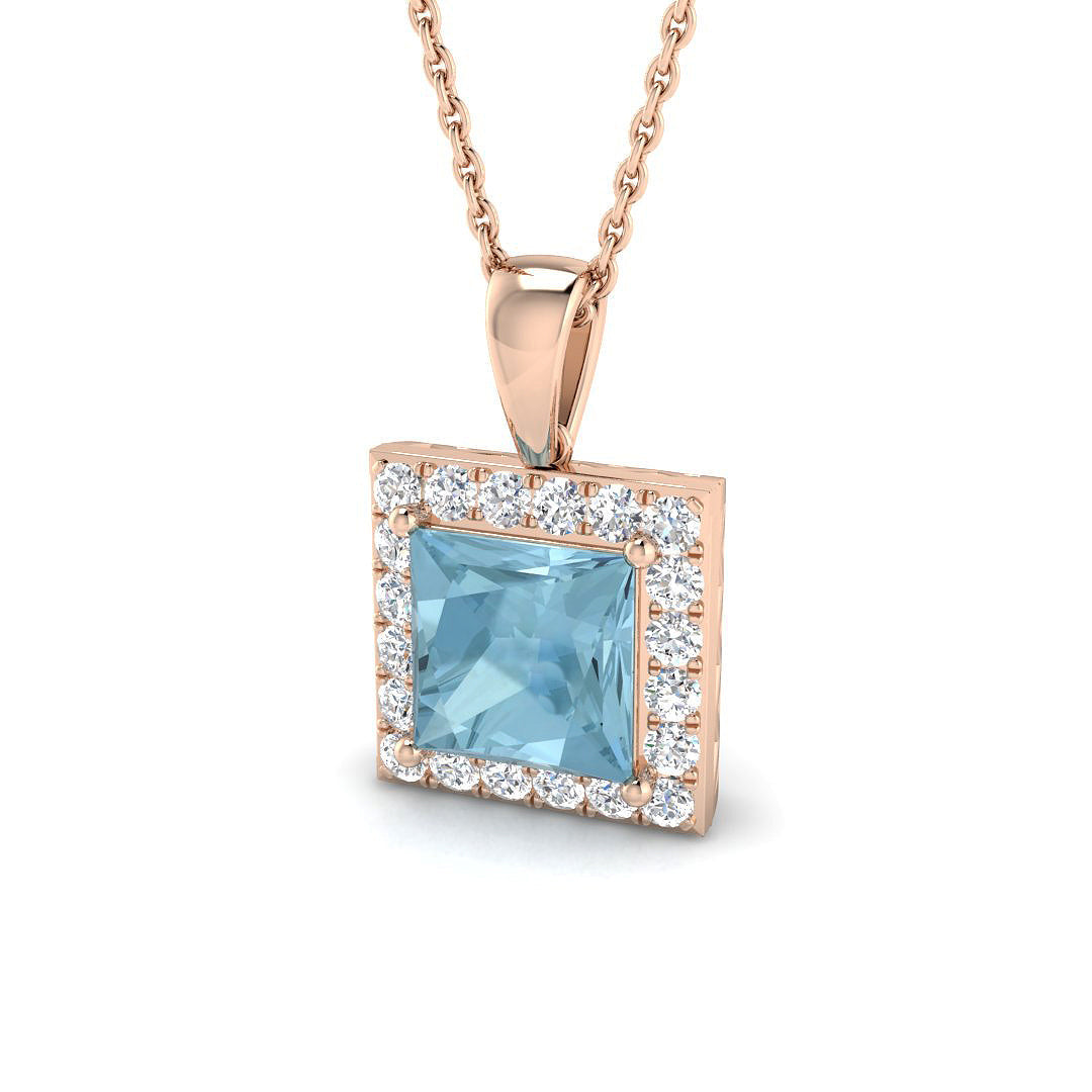 Princess Cut Aquamarine Halo Pendant in 10K/14K gold and platinum with certified lab-grown or natural diamonds