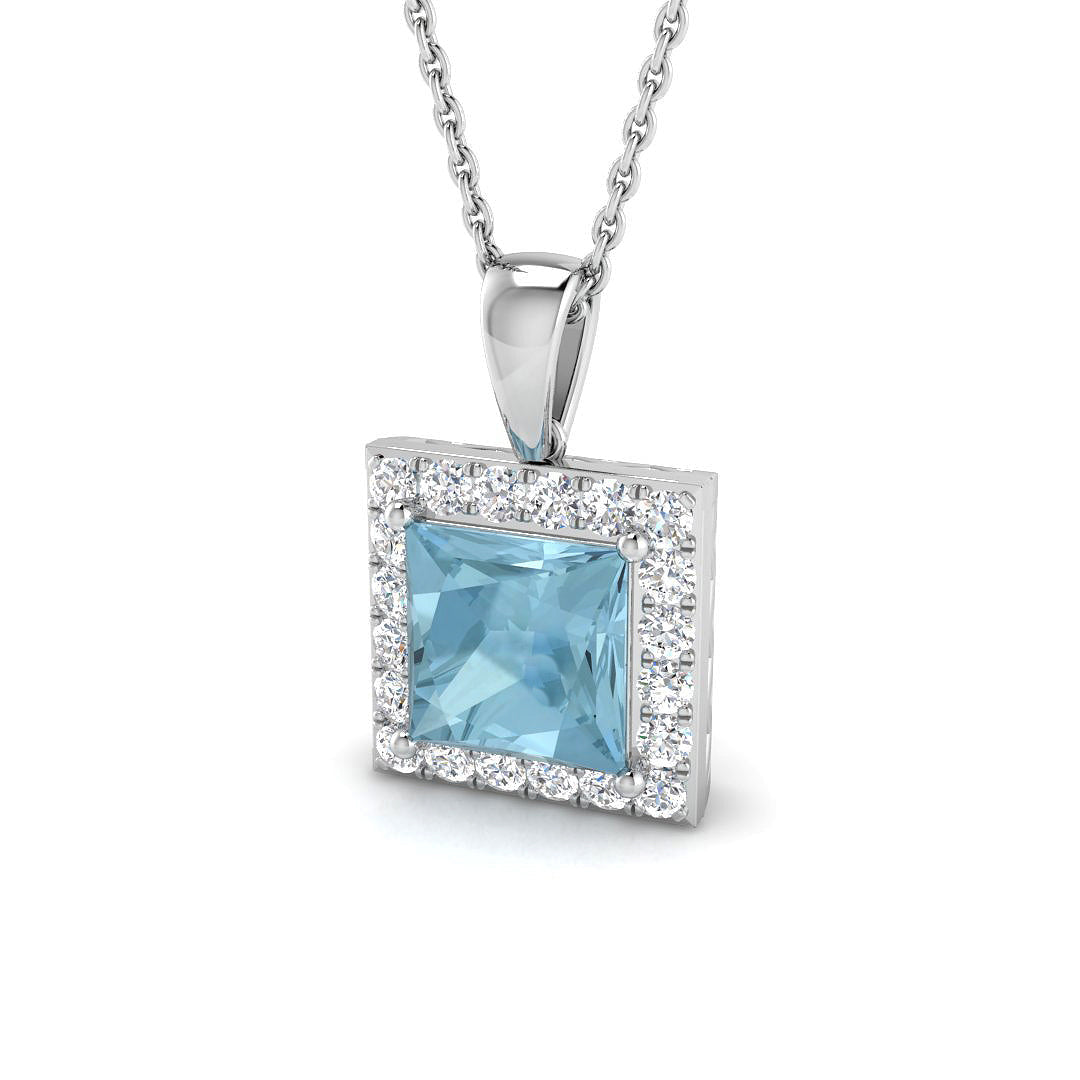 Princess Cut Aquamarine Halo Pendant in 10K/14K gold and platinum with certified lab-grown or natural diamonds