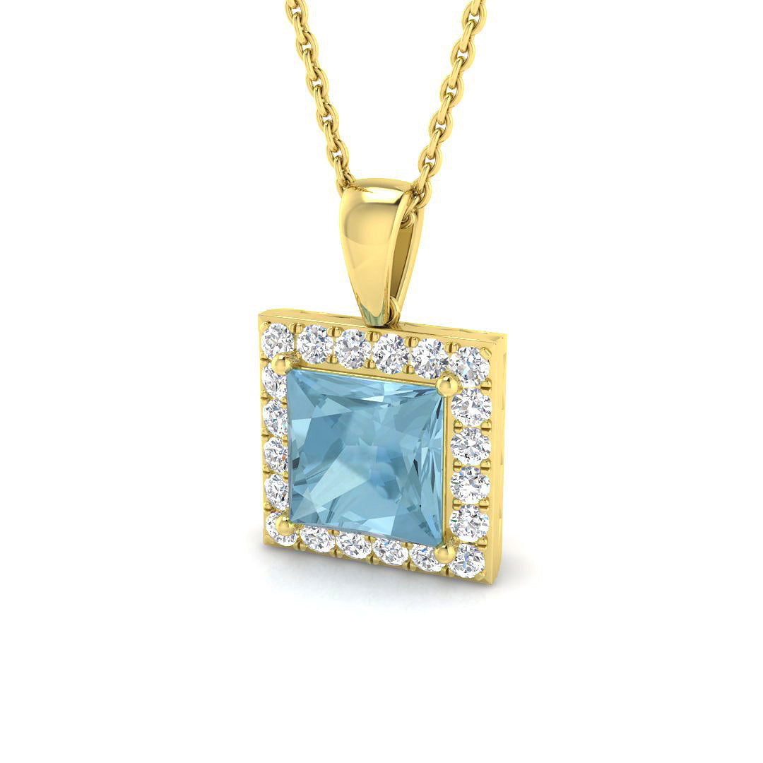 Princess Cut Aquamarine Halo Pendant in 10K/14K gold and platinum with certified lab-grown or natural diamonds