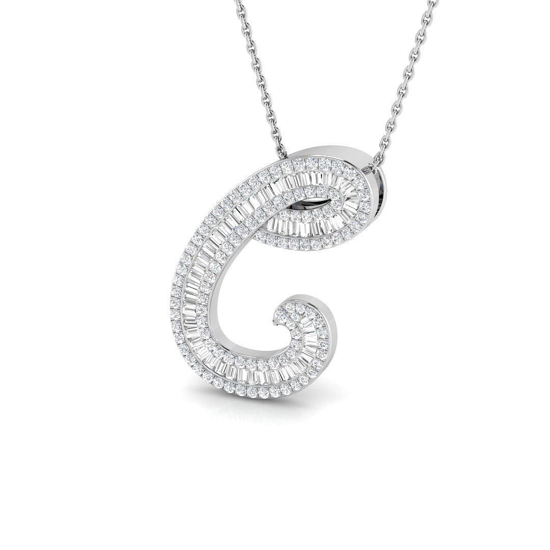 Initial Diamond Pendant Necklace with Baguette and Round Diamonds in 10K/14K gold and platinum with certified lab-grown or natural diamonds