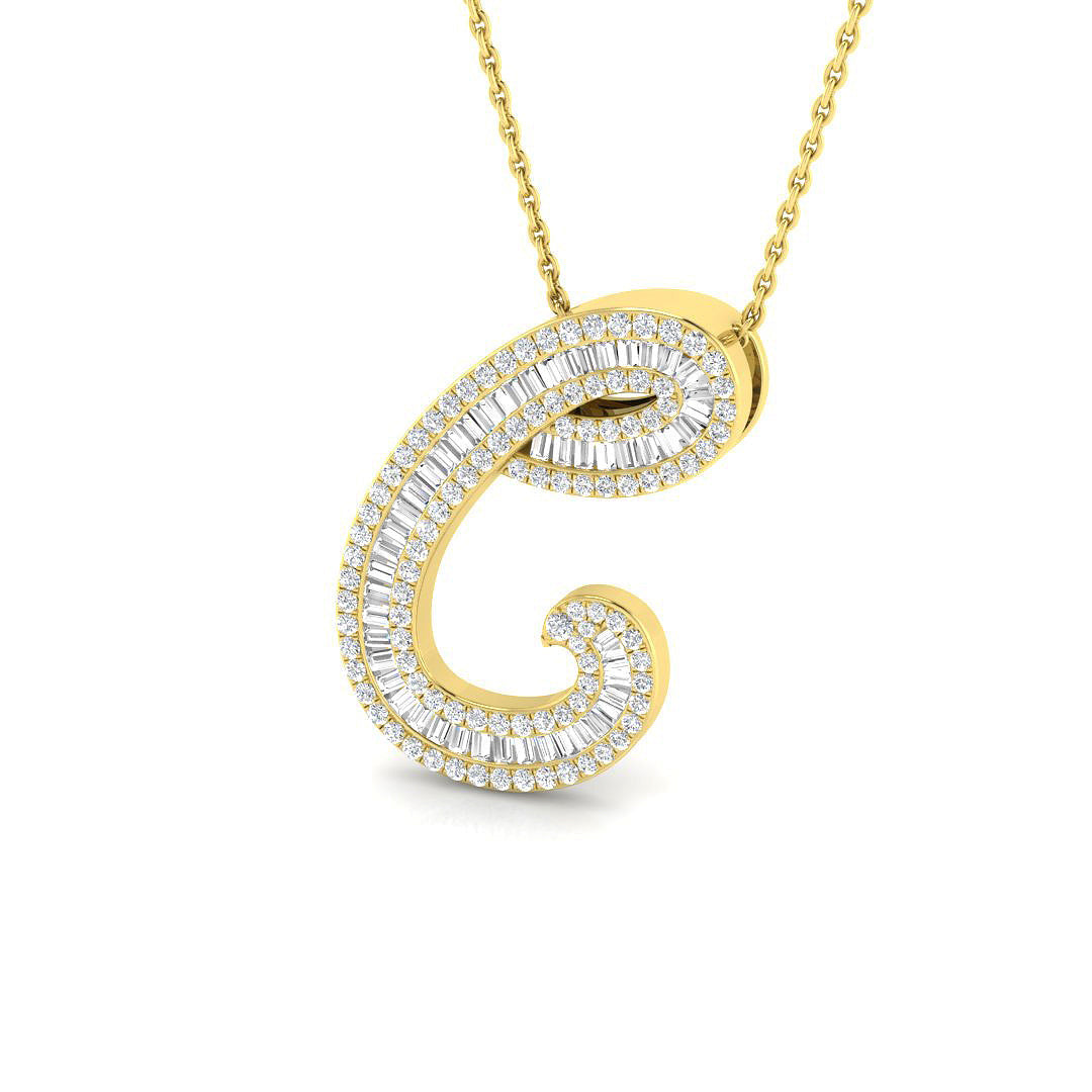 Initial Diamond Pendant Necklace with Baguette and Round Diamonds in 10K/14K gold and platinum with certified lab-grown or natural diamonds