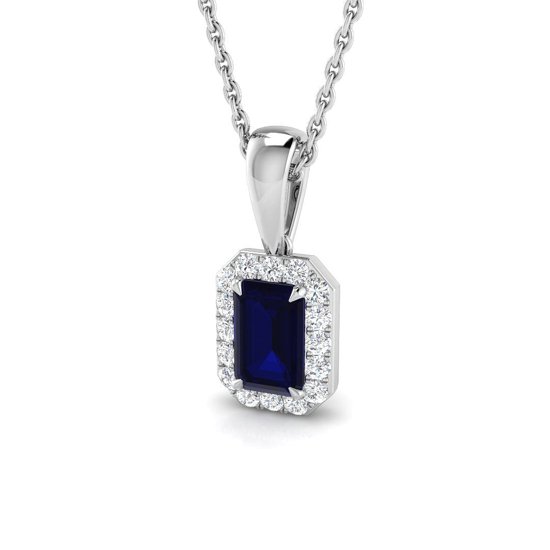 Emerald Cut Blue Sapphire Pendant Necklace with Diamond Halo in 10K/14K gold and platinum with certified lab-grown or natural diamonds