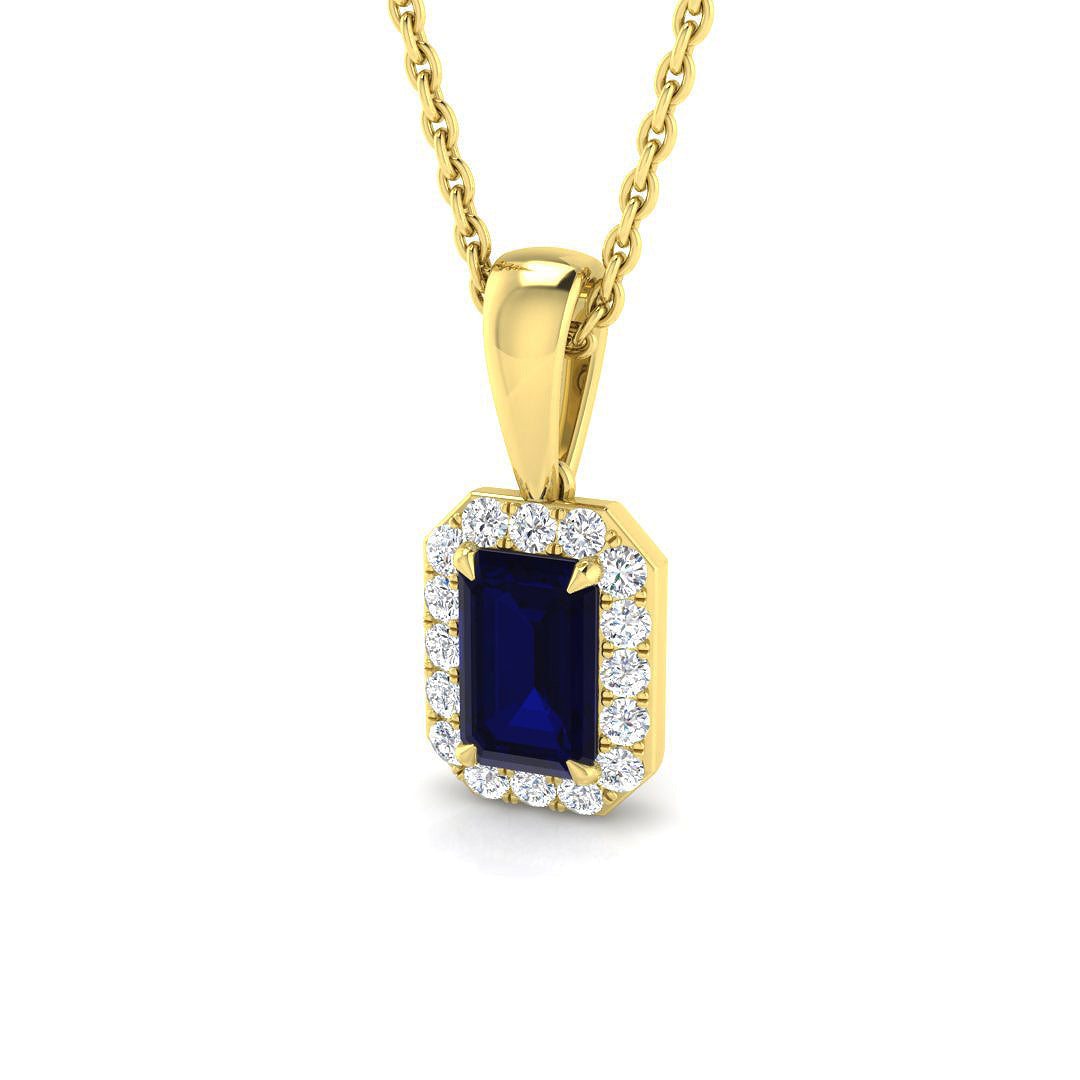 Emerald Cut Blue Sapphire Pendant Necklace with Diamond Halo in 10K/14K gold and platinum with certified lab-grown or natural diamonds