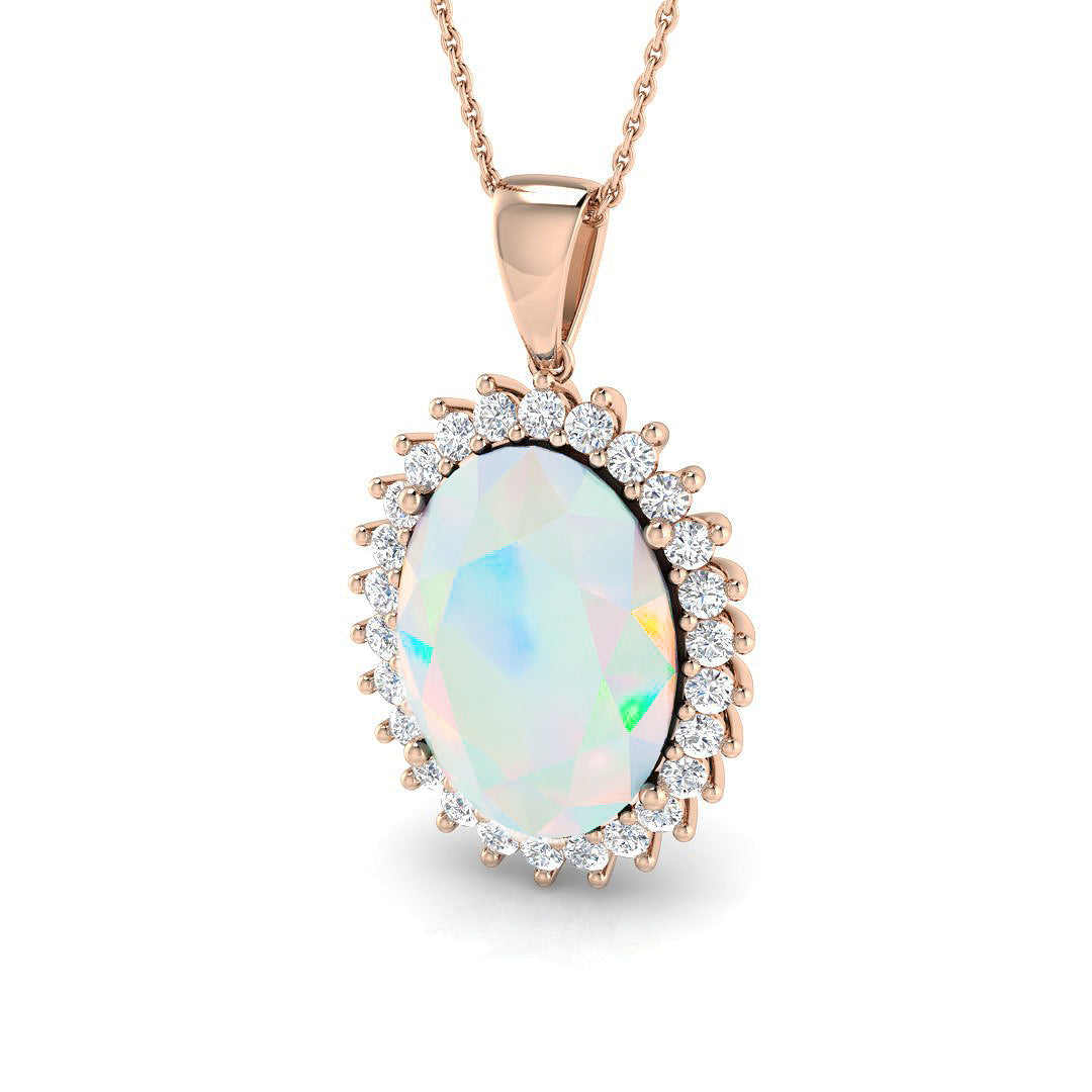 Opal Pendant with Diamond Halo in 10K/14K gold and platinum with certified lab-grown or natural diamonds