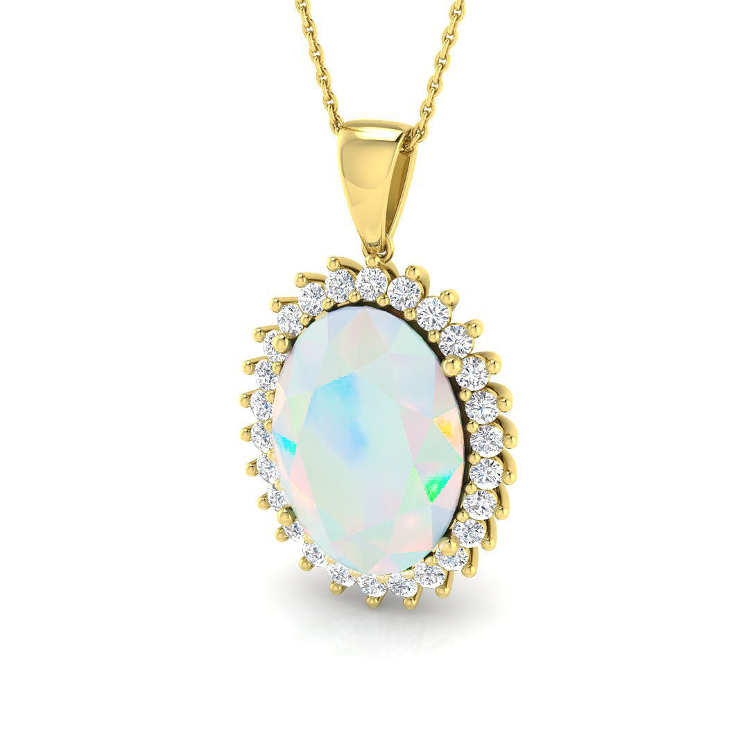 Opal Pendant with Diamond Halo in 10K/14K gold and platinum with certified lab-grown or natural diamonds