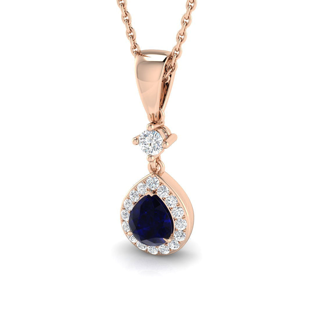 Pear Cut Blue Sapphire Pendant Necklace with Diamond Halo Drop in 10K/14K gold and platinum with certified lab-grown or natural diamonds