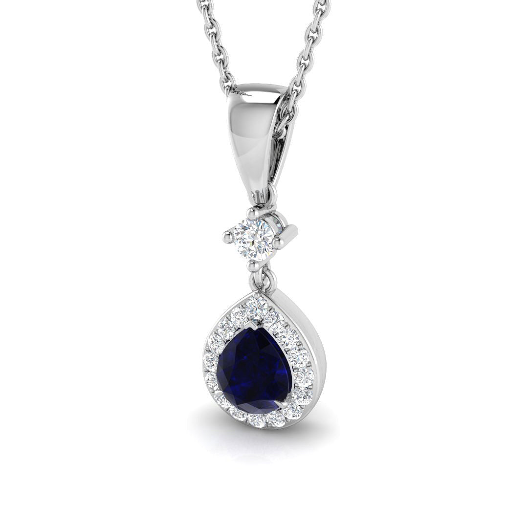 Pear Cut Blue Sapphire Pendant Necklace with Diamond Halo Drop in 10K/14K gold and platinum with certified lab-grown or natural diamonds