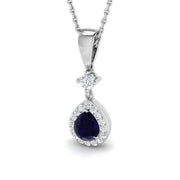Pear Cut Blue Sapphire Pendant Necklace with Diamond Halo Drop in 10K/14K gold and platinum with certified lab-grown or natural diamonds