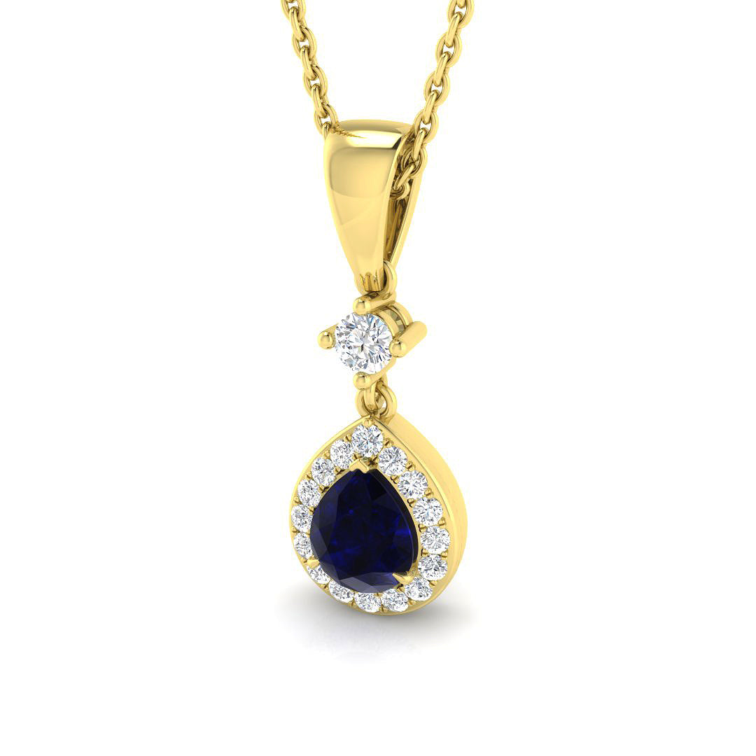 Pear Cut Blue Sapphire Pendant Necklace with Diamond Halo Drop in 10K/14K gold and platinum with certified lab-grown or natural diamonds