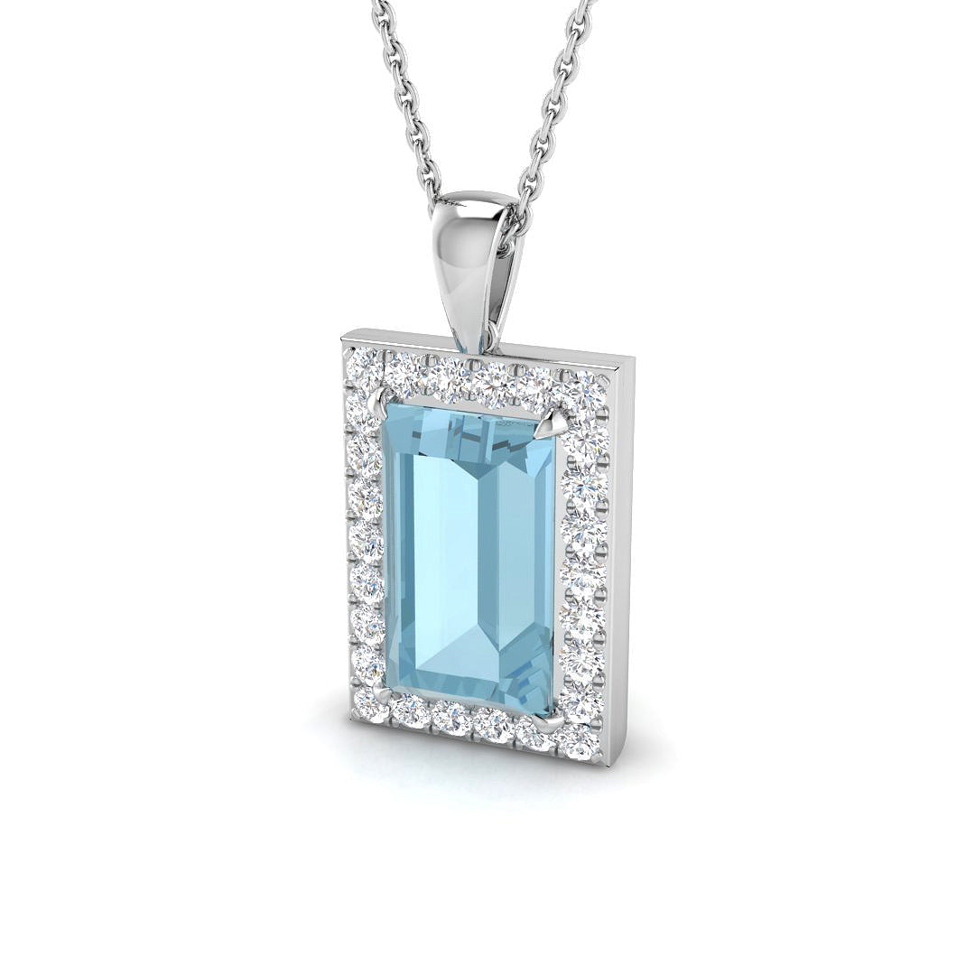 Emerald Cut Aquamarine Halo Pendant in 10K/14K gold and platinum with certified lab-grown or natural diamonds