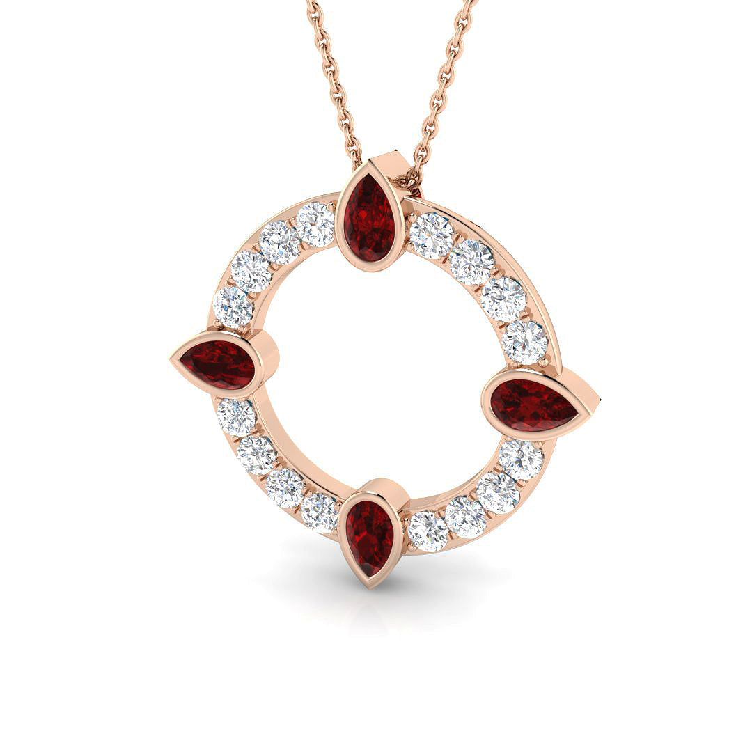 Pear Cut Ruby & Diamond Circle Pendant in 10K/14K gold and platinum with certified lab-grown or natural diamonds