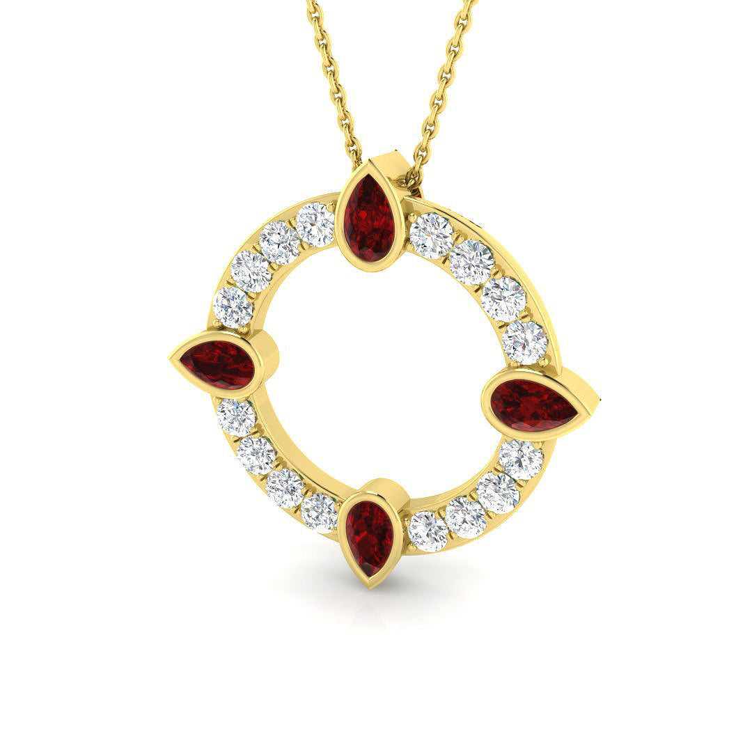 Pear Cut Ruby & Diamond Circle Pendant in 10K/14K gold and platinum with certified lab-grown or natural diamonds