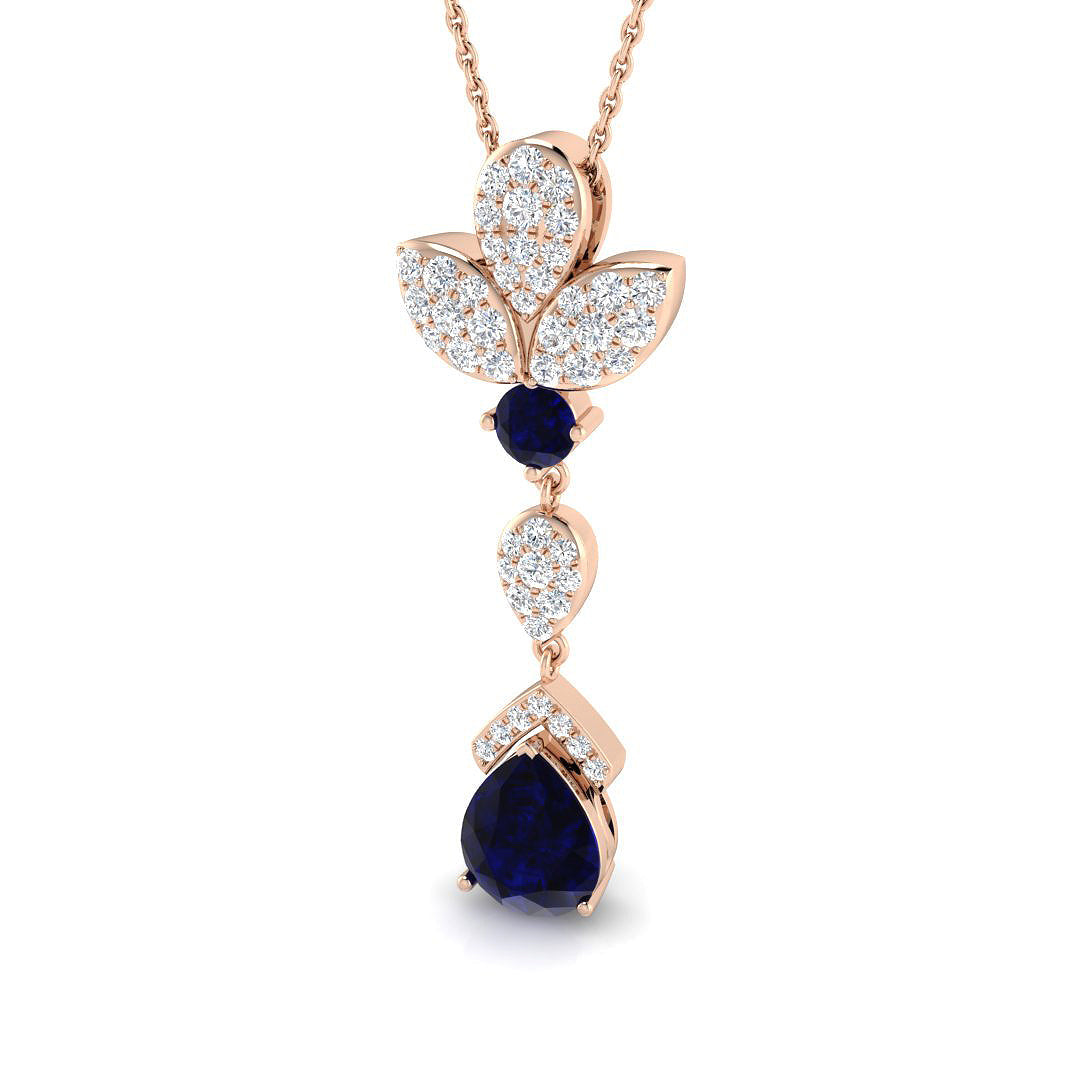 Blue Sapphire Pendant Necklace with Diamond Floral Pear Drop - UK Made in 10K/14K gold and platinum with certified lab-grown or natural diamonds