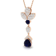 Blue Sapphire Pendant Necklace with Diamond Floral Pear Drop - UK Made in 10K/14K gold and platinum with certified lab-grown or natural diamonds