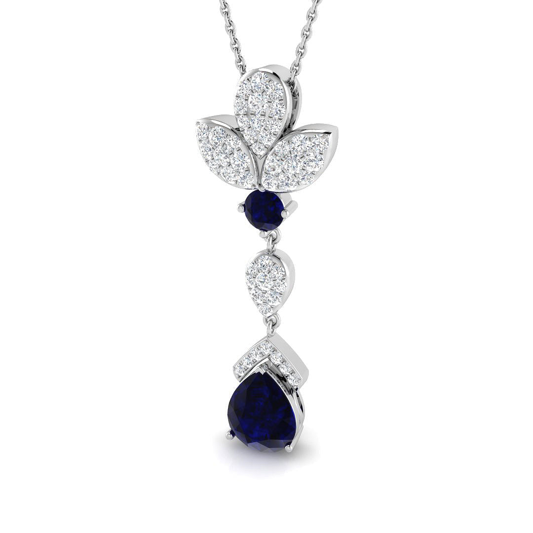 Blue Sapphire Pendant Necklace with Diamond Floral Pear Drop - UK Made in 10K/14K gold and platinum with certified lab-grown or natural diamonds