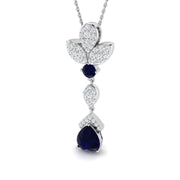 Blue Sapphire Pendant Necklace with Diamond Floral Pear Drop - UK Made in 10K/14K gold and platinum with certified lab-grown or natural diamonds