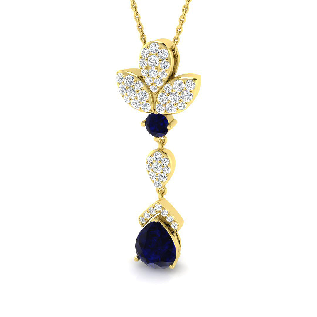 Blue Sapphire Pendant Necklace with Diamond Floral Pear Drop - UK Made in 10K/14K gold and platinum with certified lab-grown or natural diamonds