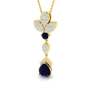 Blue Sapphire Pendant Necklace with Diamond Floral Pear Drop - UK Made in 10K/14K gold and platinum with certified lab-grown or natural diamonds