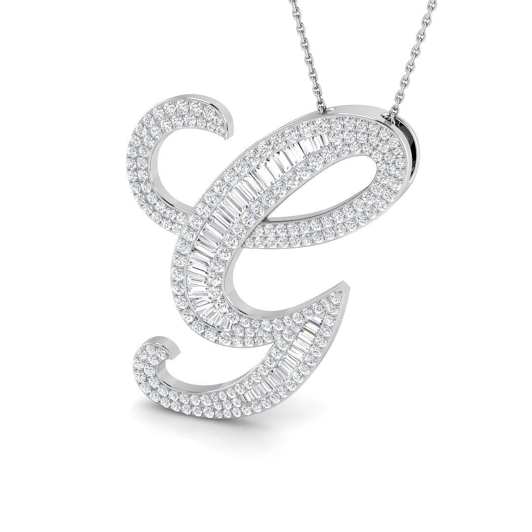 Diamond Initial Pendant with Baguette and Round Diamonds in 10K/14K gold and platinum with certified lab-grown or natural diamonds