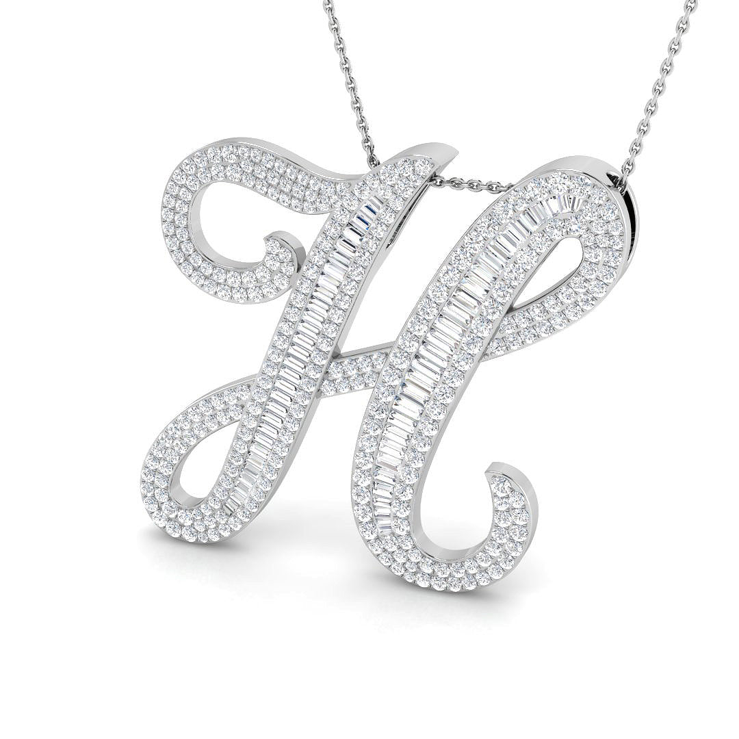 Diamond Initial Pendant with Baguette and Round Diamonds in 10K/14K gold and platinum with certified lab-grown or natural diamonds
