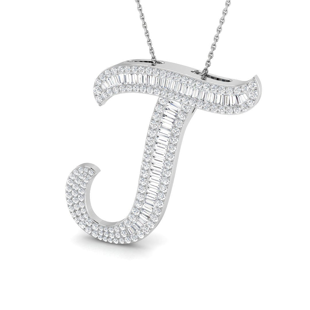 Diamond Initial Pendant with Baguette and Round Diamonds in 10K/14K gold and platinum with certified lab-grown or natural diamonds