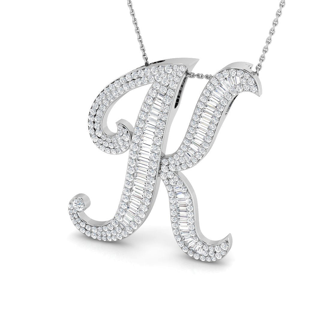 Diamond Initial Pendant with Baguette and Round Diamonds in 10K/14K gold and platinum with certified lab-grown or natural diamonds