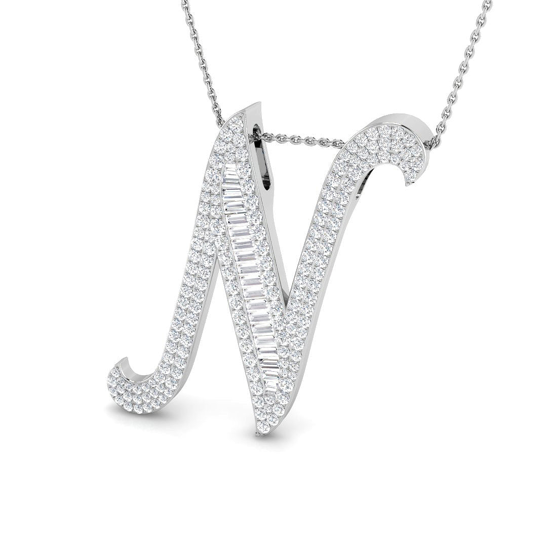 Diamond Initial Pendant with Baguette and Round Diamonds in 10K/14K gold and platinum with certified lab-grown or natural diamonds