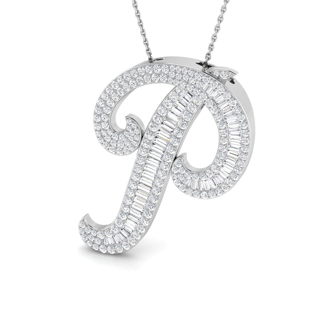 Diamond Initial Pendant with Baguette and Round Diamonds in 10K/14K gold and platinum with certified lab-grown or natural diamonds
